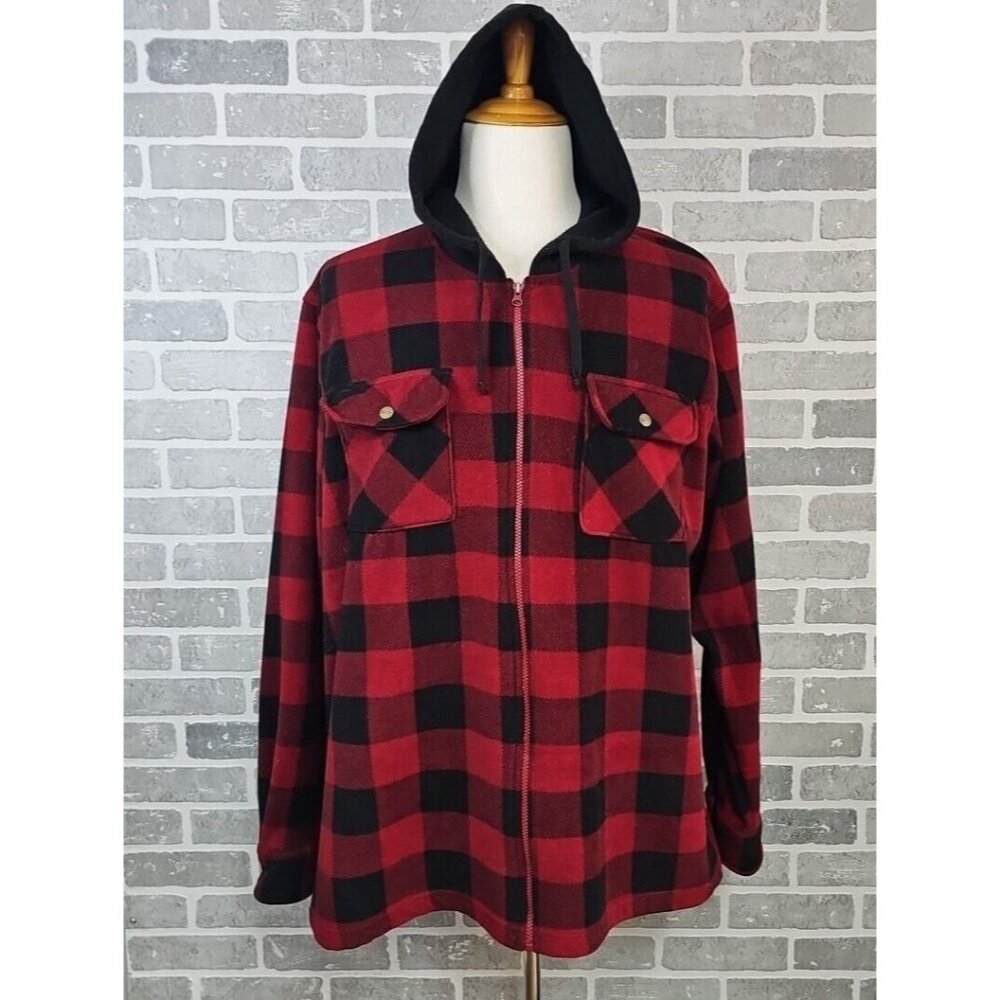 Key Brand Fleece Hooded Jacket Mens XLR Red Black Plaid Shacket Workwear Outdoor